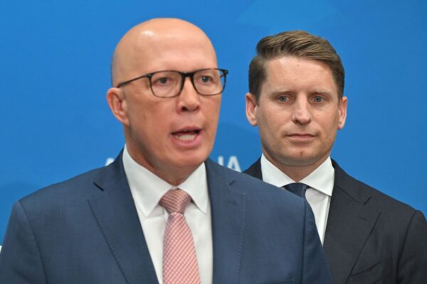 Leader of the Opposition Peter Dutton and Shadow Minister for Defence Andrew Hastie at a press conference after visiting a defence manufacturing facility in Belmont, Perth, on day 26 of his 2025 Federal Election Campaign in the seat of Swan, Wednesday, April 23, 2025.
