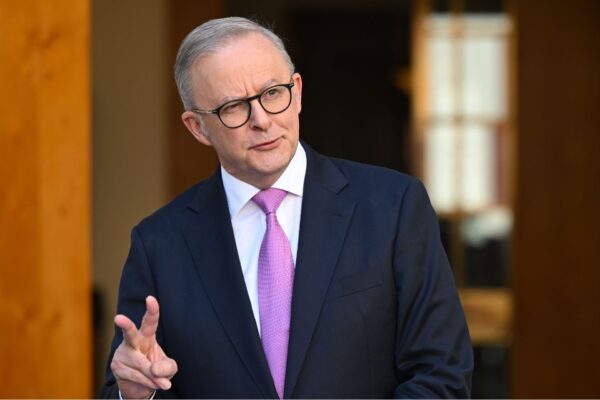 Australian Prime Minister Anthony Albanese speaks to the media during a press conference at Parliament House in Canberra, Monday, May 5, 2025.