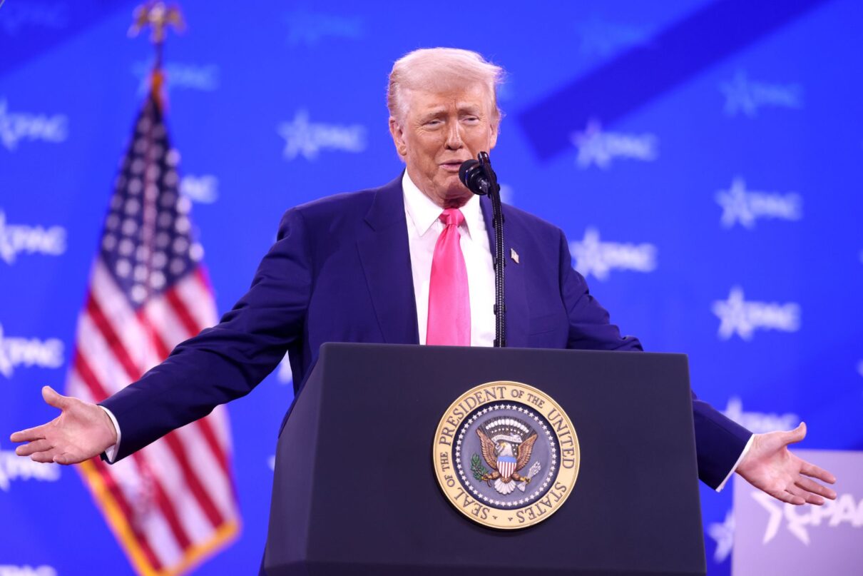 President of the United States Donald Trump speaking at the 2025 Conservative Political Action Conference (CPAC) at the Gaylord National Resort & Convention Center in National Harbor, Maryland.