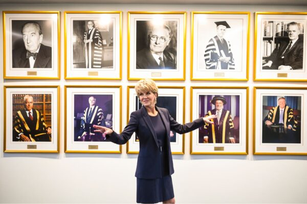 Australian National University (ANU) Chancellor Julie Bishop poses for photographs on her first day at work at the ANU in Canberra, Thursday, February 6, 2020. Julie Bishop is the 13th Chancellor of the ANU and the first ever female Chancellor.