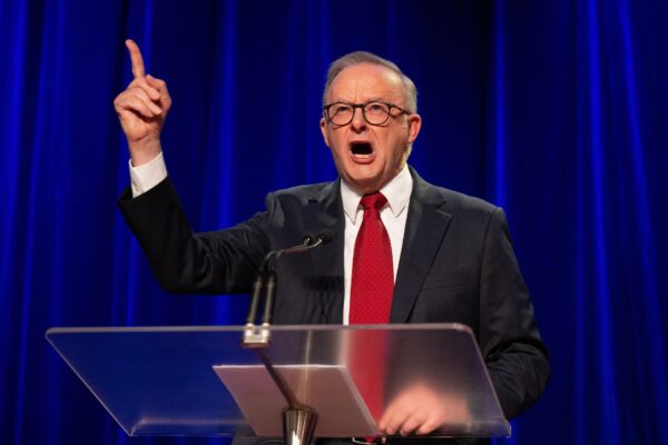 Australian Prime Minister Anthony Albanese speaks at the Labor Election Night function at Canterbury-Hurlstone Park RSL Club on Election Day of the 2025 federal election campaign, Sydney, Saturday, May 3, 2025.