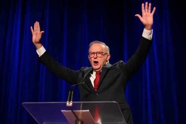 Australian Prime Minister Anthony Albanese speaks at the Labor Election Night function at Canterbury-Hurlstone Park RSL Club on Election Day of the 2025 federal election campaign, Sydney, Saturday, May 3, 2025.