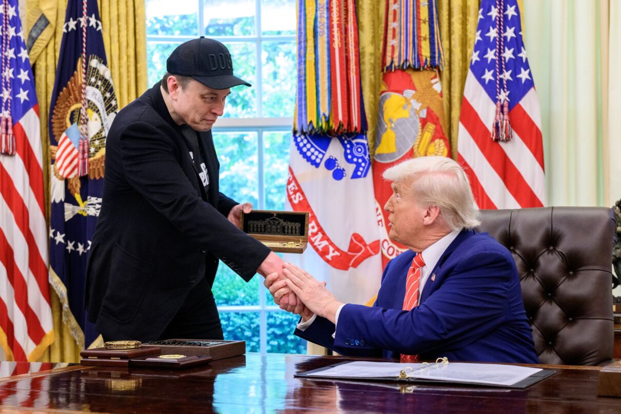 President Donald Trump participates in a press conference with departing DOGE adviser Elon Musk, Friday, May 30, 2025, in the Oval Office. (Official White House Photo by Molly Riley)