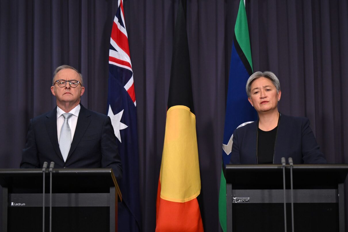 Australian Prime Minister Anthony Albanese and Australian Foreign Minister Penny Wong speak to media during a press conference at Parliament House in Canberra, Monday, June 23, 2025.