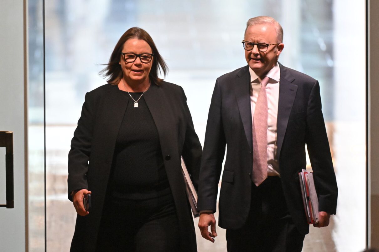 Minister for Resources Madeleine King and Prime Minister Anthony Albanese arrive for Question Time in the House of Representatives at Parliament House in Canberra, Tuesday, March 25, 2025.