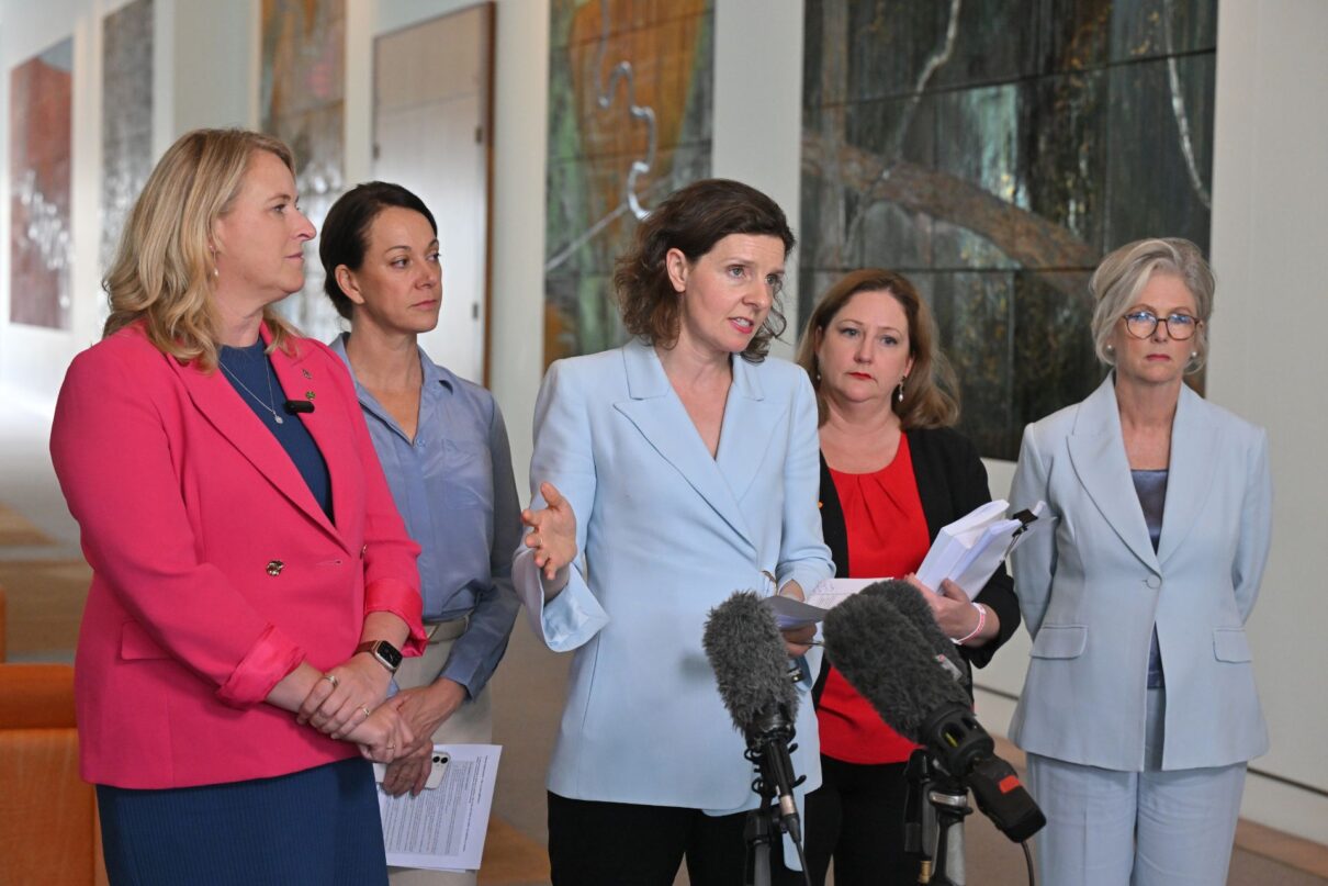Independent member for North Sydney Kylea Tink, Independent member for Mackellar Sophie Scamps, Independent member for Wentworth Allegra Spender, Independent member for Mayo Rebekha Sharkie and Independent Member for Indi Helen Haines at a press conference at Parliament House in Canberra, Tuesday, November 28, 2023.