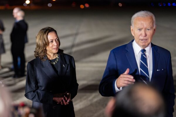 President Joe Biden and Vice President Kamala Harris make a statement to press after greeting Wall Street Journal reporter Evan Gershkovich, former U.S. Marine Paul Whelan and journalist Alsu Kurmasheva at Joint Base Andrews, Maryland, Thursday, August 1, 2024, after their release in a prisoner swap with Russia. (Official White House Photo by Lawrence Jackson)