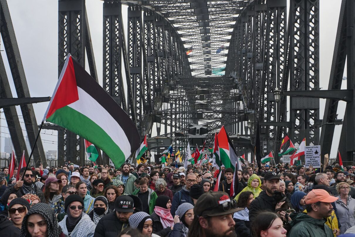 Pro-Palestine protesters are seen during the Palestine Action Group's March for Humanity in Sydney, Sunday, August 3, 2025.