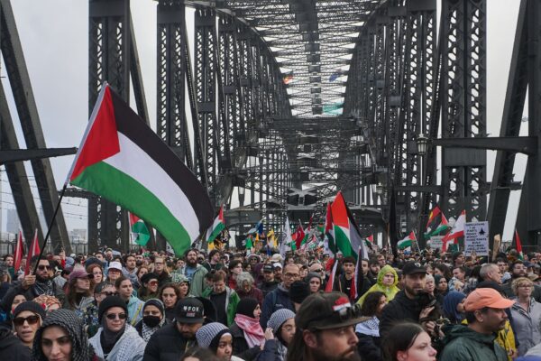 Pro-Palestine protesters are seen during the Palestine Action Group's March for Humanity in Sydney, Sunday, August 3, 2025.