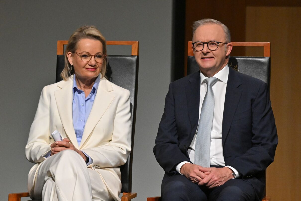 Leader of the Opposition Sussan Ley and Prime Minister Anthony Albanese at a Welcome to Country ceremony for the opening of the 48th Federal Parliament at Parliament House in Canberra, Tuesday, July 22, 2025.