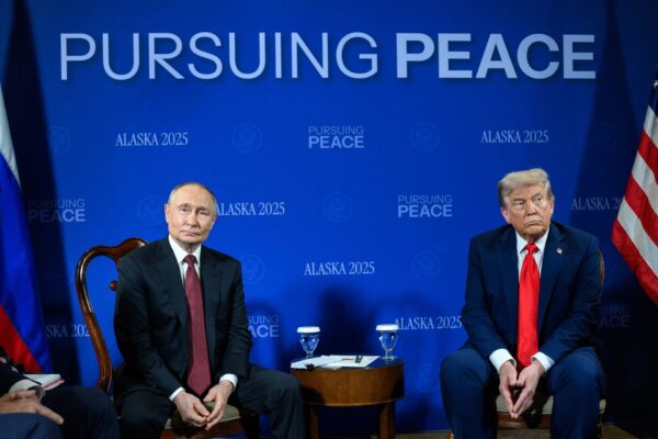 President Donald Trump meets with Russian president Vladimir Putin in the Billy Mitchell Room at Joint Base Elmendorf Richardson in Anchorage, Alaska, Friday, August 15, 2025. (Official White House Photo by Daniel Torok)