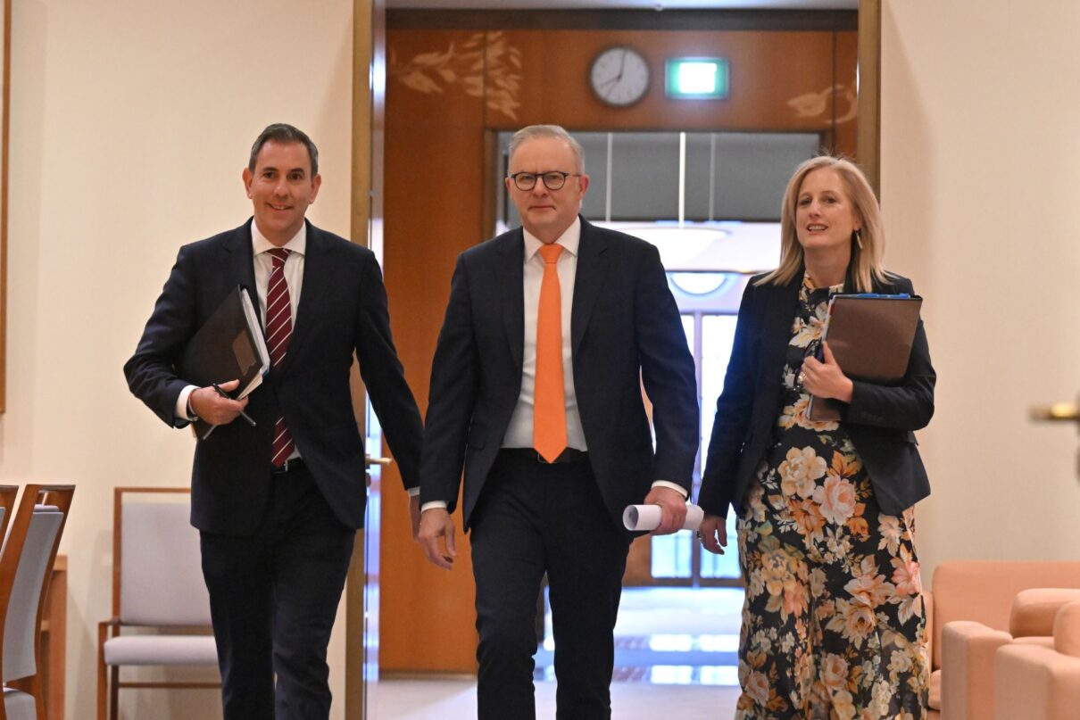 Treasurer Jim Chalmers, Prime Minister Anthony Albanese and Minister for Finance Katy Gallagher arrive for an Economic Reform Roundtable in the Cabinet Room at Parliament House, in Canberra, Tuesday, August 19, 2025.