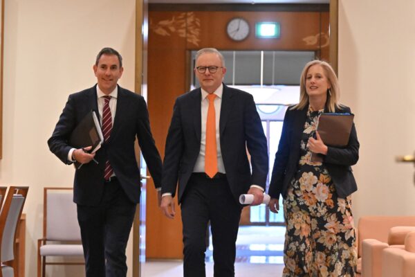 Treasurer Jim Chalmers, Prime Minister Anthony Albanese and Minister for Finance Katy Gallagher arrive for an Economic Reform Roundtable in the Cabinet Room at Parliament House, in Canberra, Tuesday, August 19, 2025.