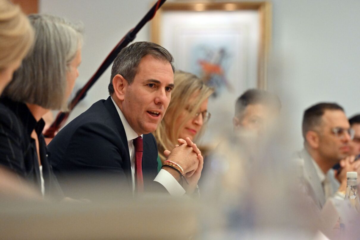 Treasurer Jim Chalmers during an Economic Reform Roundtable in the Cabinet Room at Parliament House, in Canberra, Thursday, August 21, 2025.