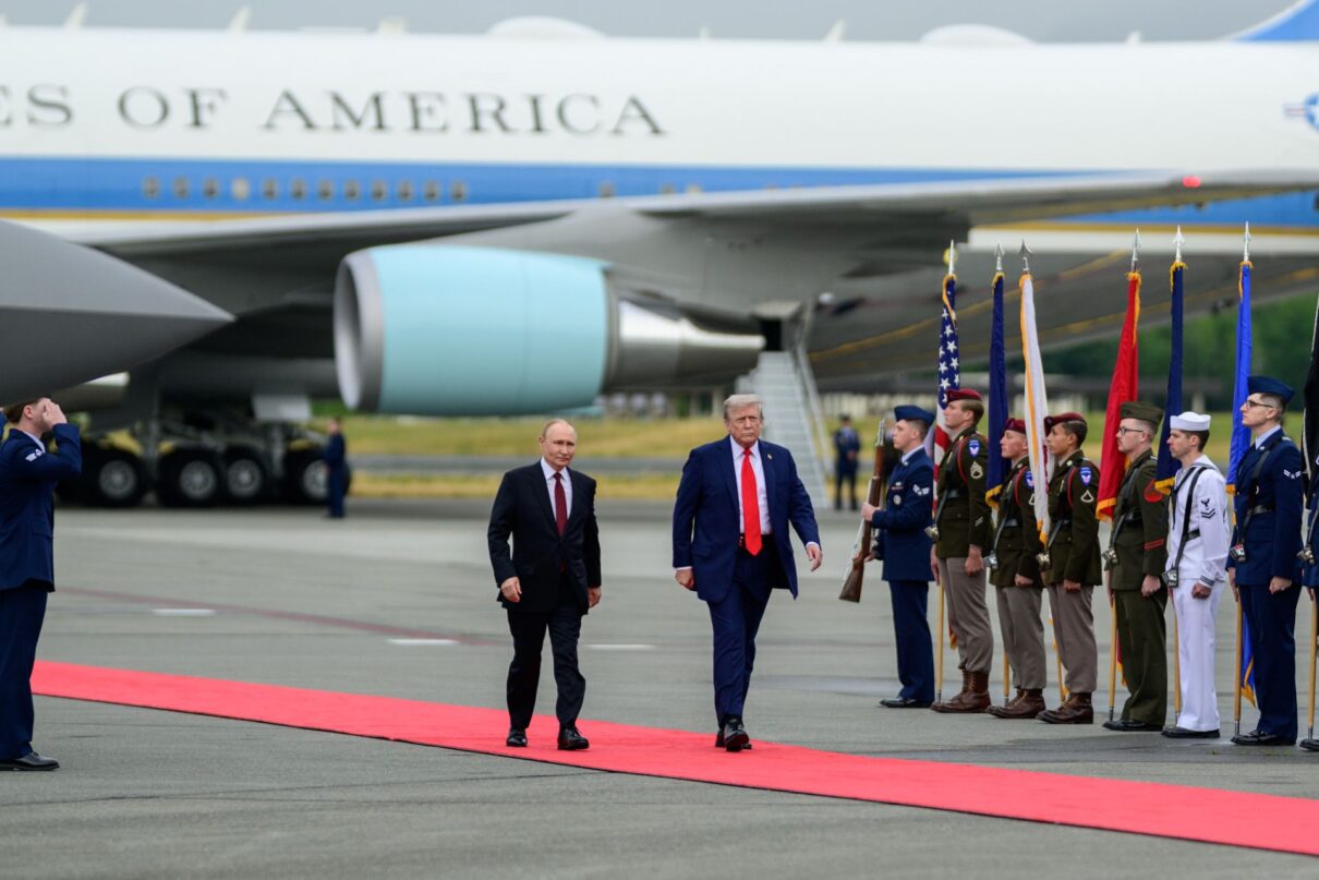 President Donald Trump and Russian president Vladimir Putin walk on the tarmac at Joint Base Elmendorf Richardson in Anchorage, Alaska, Friday, August 15, 2025. (Official White House Photo by Daniel Torok)