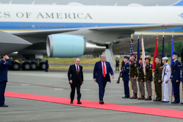 President Donald Trump and Russian president Vladimir Putin walk on the tarmac at Joint Base Elmendorf Richardson in Anchorage, Alaska, Friday, August 15, 2025. (Official White House Photo by Daniel Torok)