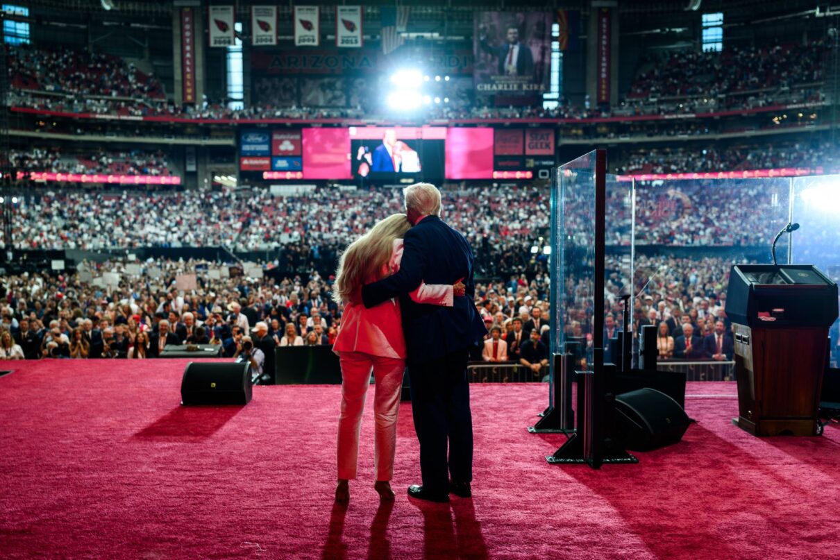 President Donald Trump takes the stage with Erika Kirk at the Memorial Service for Charlie Kirk at State Farm Stadium in Glendale, Arizona, Sunday, September 21, 2025. (Official White House Photo by Daniel Torok)