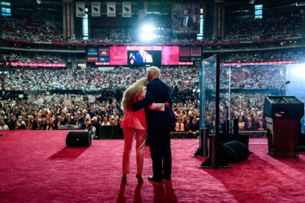 President Donald Trump takes the stage with Erika Kirk at the Memorial Service for Charlie Kirk at State Farm Stadium in Glendale, Arizona, Sunday, September 21, 2025. (Official White House Photo by Daniel Torok)