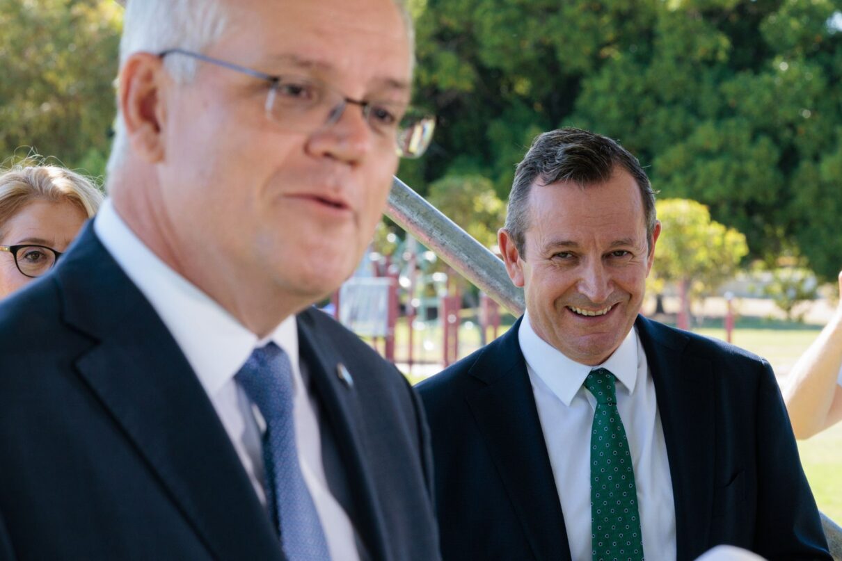 Prime Minister Scott Morrison (left) and WA Premier Mark McGowan are seen during a press conference in Perth, Thursday, March 17, 2022.