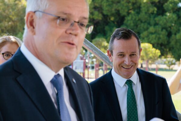 Prime Minister Scott Morrison (left) and WA Premier Mark McGowan are seen during a press conference in Perth, Thursday, March 17, 2022.