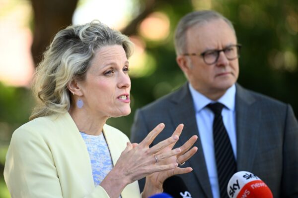 Housing Minister Clare O’Neil speaks to media during a press conference with Prime Minister Anthony Albanese at Annandale in Sydney, Wednesday, October 1, 2025. The Government has announced an expanded 5% deposit scheme for first home buyers.