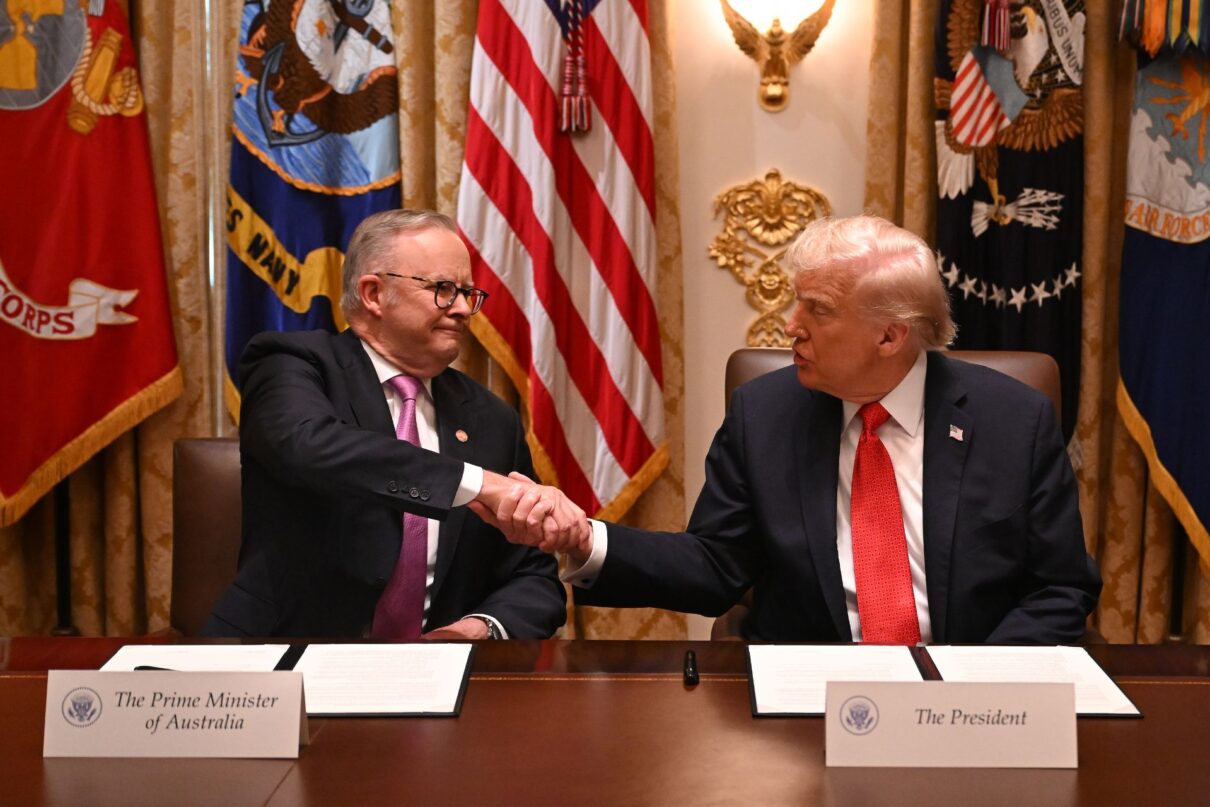 Australian Prime Minister Anthony Albanese and US President Donald Trump shake hands after signing the ‘US- Australia Framwork for Securing of Supply in the Mining and Processing of Critical Minerals and Rare Earths’ during a meeting in the Cabinet Room at the White House in Washington, D.C., United States, Monday, October 20, 2025.