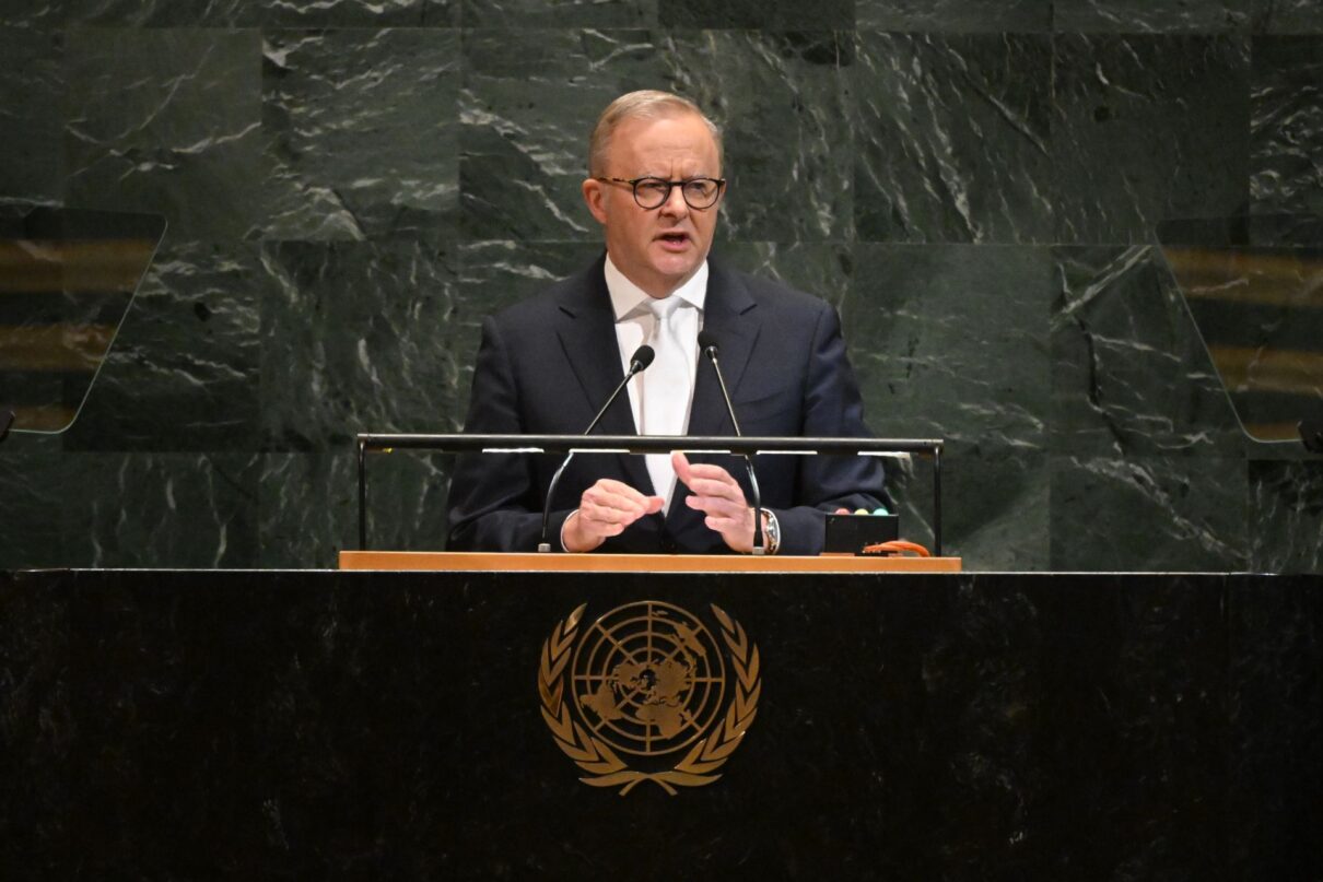Australian Prime Minister Anthony Albanese addresses the 80th session of the United Nations General Assembly (UNGA) at the UN headquarters in New York, United States, Wednesday, September 24, 2025.