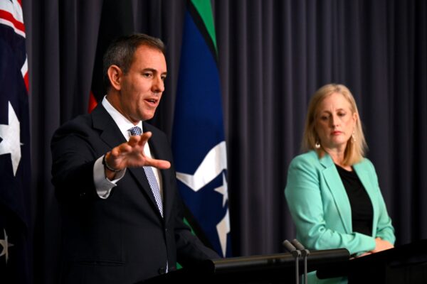 Australian Treasurer Jim Chalmers (left) and Australian Finance Minister Katy Gallagher speak to the media during a press conference at Parliament House in Canberra, Tuesday, December 17, 2024.