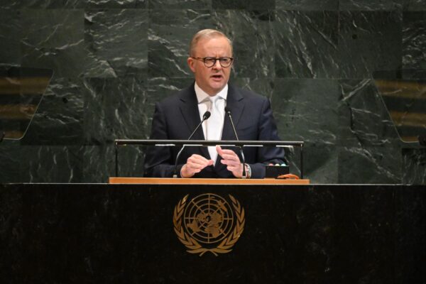 Australian Prime Minister Anthony Albanese addresses the 80th session of the United Nations General Assembly (UNGA) at the UN headquarters in New York, United States, Wednesday, September 24, 2025.