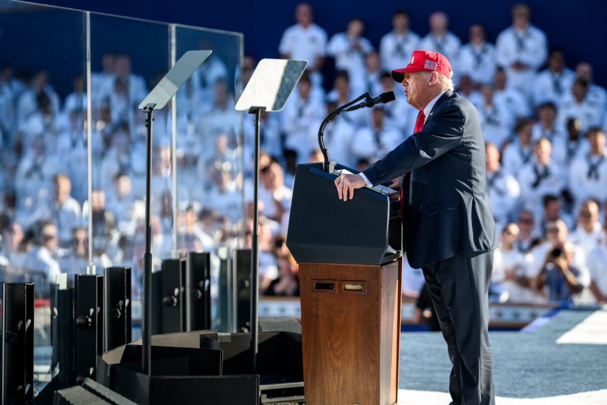 President Donald Trump delivers remarks in honor of the U.S. Navy 250th anniversary celebration at the USS Harry S. Truman aircraft carrier at Naval Station Norfolk in Norfolk, Virginia. (Official White House Photo by Daniel Torok)