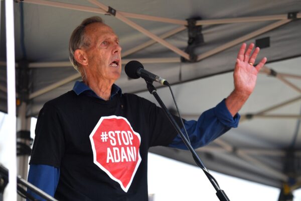 Former Greens leader Bob Brown speaks to climate change activists, protesting outside Parliament House in Canberra, Tuesday, February 4, 2020.