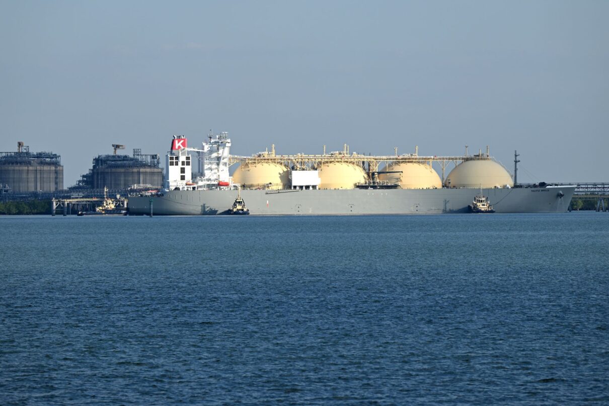 An LNG (Liquefied natural gas) carrier ship is seen at Ichthys LNG onshore process facilities at Bladin Point in Darwin, Sunday, May 12, 2024. The Northern Territory Chief Minister and Treasurer Eva Lawler will hand down the 2024-2025 budget on Tuesday.