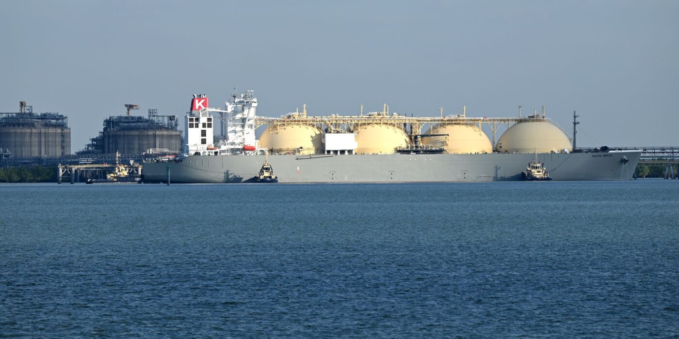 An LNG (Liquefied natural gas) carrier ship is seen at Ichthys LNG onshore process facilities at Bladin Point in Darwin, Sunday, May 12, 2024. The Northern Territory Chief Minister and Treasurer Eva Lawler will hand down the 2024-2025 budget on Tuesday.