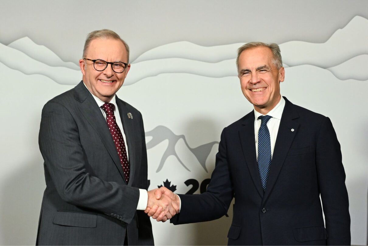 Australian Prime Minister Anthony Albanese shakes hands with Prime Minister of Canada Mark Carney during a bilateral meeting ahead of the G7 Leaders' Summit in Kananaskis, Alberta, Canada, Sunday, June 15, 2025.