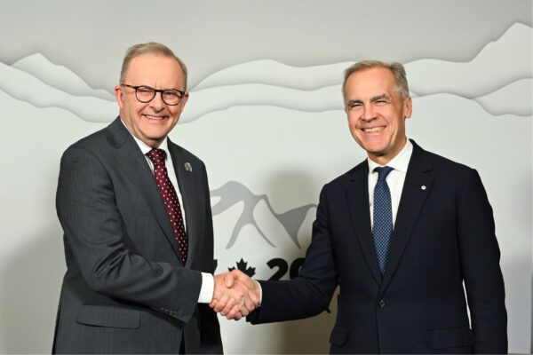 Australian Prime Minister Anthony Albanese shakes hands with Prime Minister of Canada Mark Carney during a bilateral meeting ahead of the G7 Leaders' Summit in Kananaskis, Alberta, Canada, Sunday, June 15, 2025.