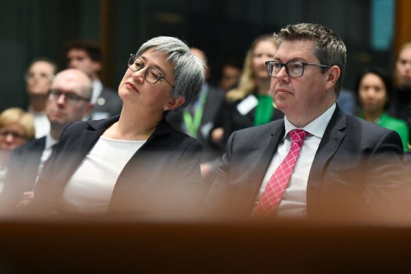 Australian Foreign Minister Penny Wong and Australian Minister for International Development Pat Conroy attend the launch of Australia’s New Development Policy at Parliament House in Canberra, Tuesday, August 8, 2023.