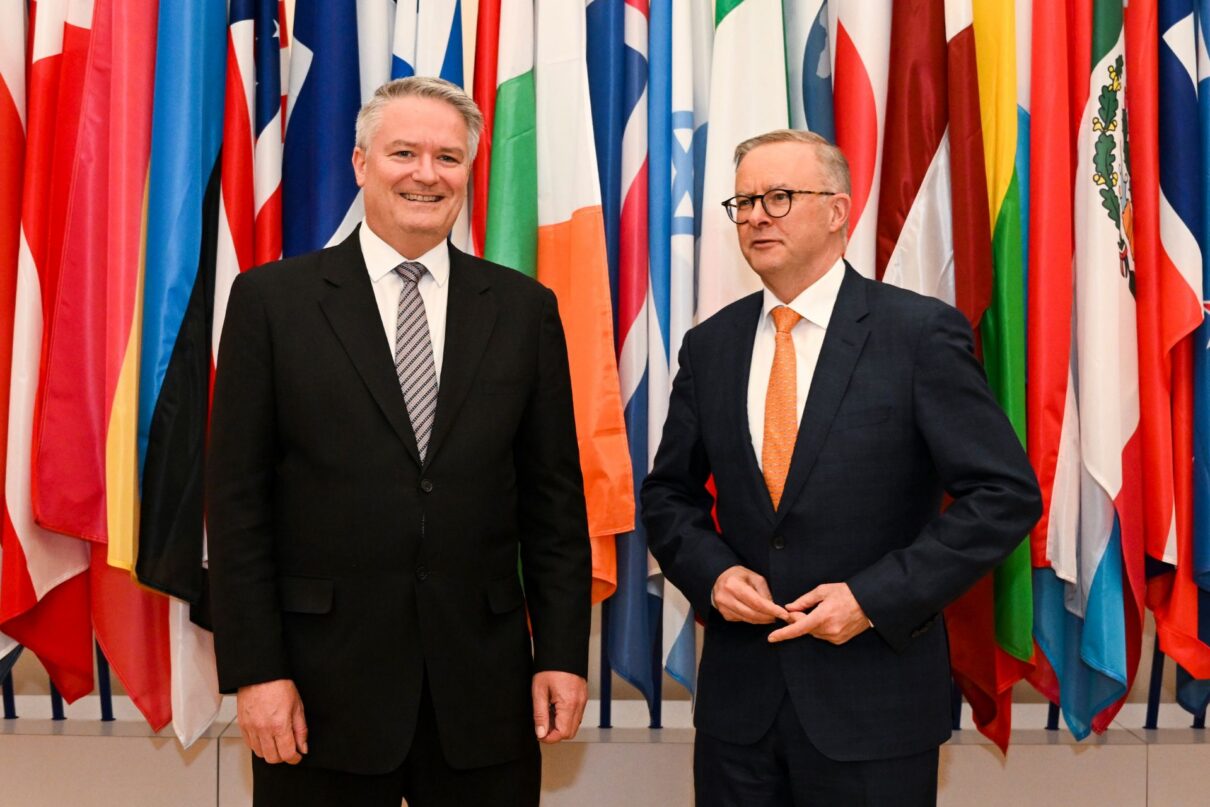 Australian Prime Minister Anthony Albanese (left) shakes hands with OECD Secretary-General Mathias Cormann at the OECD Headquarters at Chataeu de la Muette in Paris, France, Thursday, June 30, 2022. Mr Albanese is in France in a bid to repair the relationship with French President Emmanuel Macron.