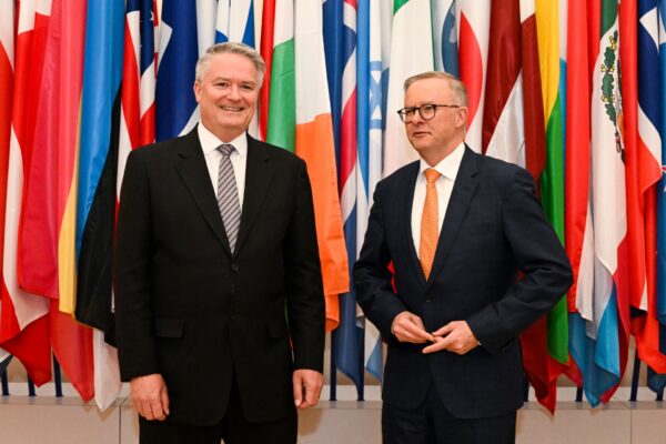 Australian Prime Minister Anthony Albanese (left) shakes hands with OECD Secretary-General Mathias Cormann at the OECD Headquarters at Chataeu de la Muette in Paris, France, Thursday, June 30, 2022. Mr Albanese is in France in a bid to repair the relationship with French President Emmanuel Macron.
