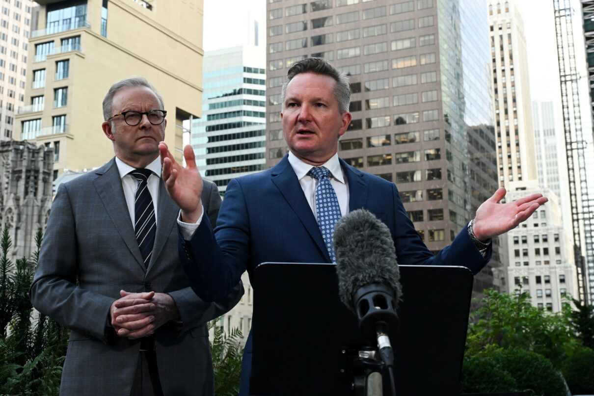 Australian Climate Change Minister Chris Bowen speaks to the media during a press conference after attending a Future Made in Australia Investment event at Macquarie Group in New York, United States, Tuesday, September 23, 2025.