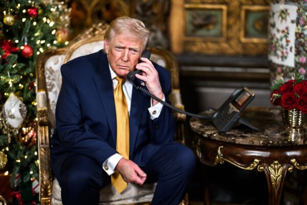 President Donald Trump and First Lady Melania Trump make NORAD Santa tracker calls from Mar-a-Lago in Palm Beach, Florida, Wednesday, December 24, 2025. (Official White House Photo by Daniel Torok)