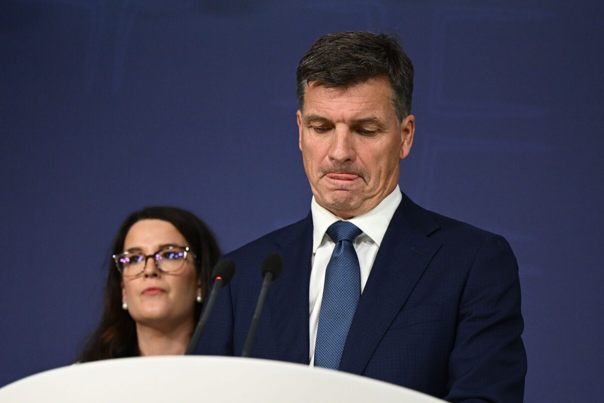Newly elected Leader of the Opposition Angus Taylor speaks to media during a shadow ministry announcement in Sydney, Tuesday, February 17, 2026.