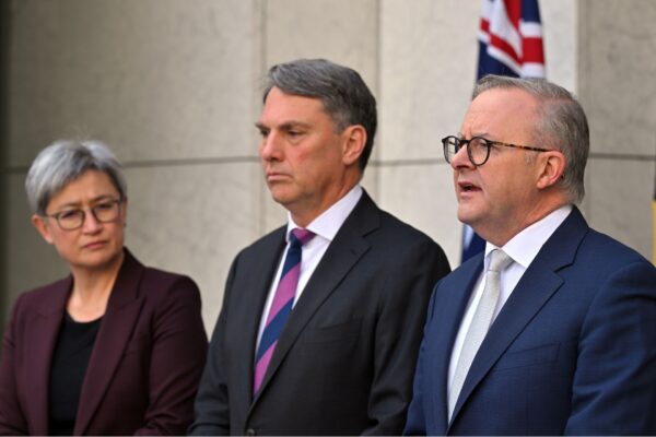 Minister for Foreign Affairs Penny Wong, Deputy Prime Minister Richard Marles and Prime Minister Anthony Albanese at a press conference at Parliament House in Canberra, Monday, June 26, 2023.