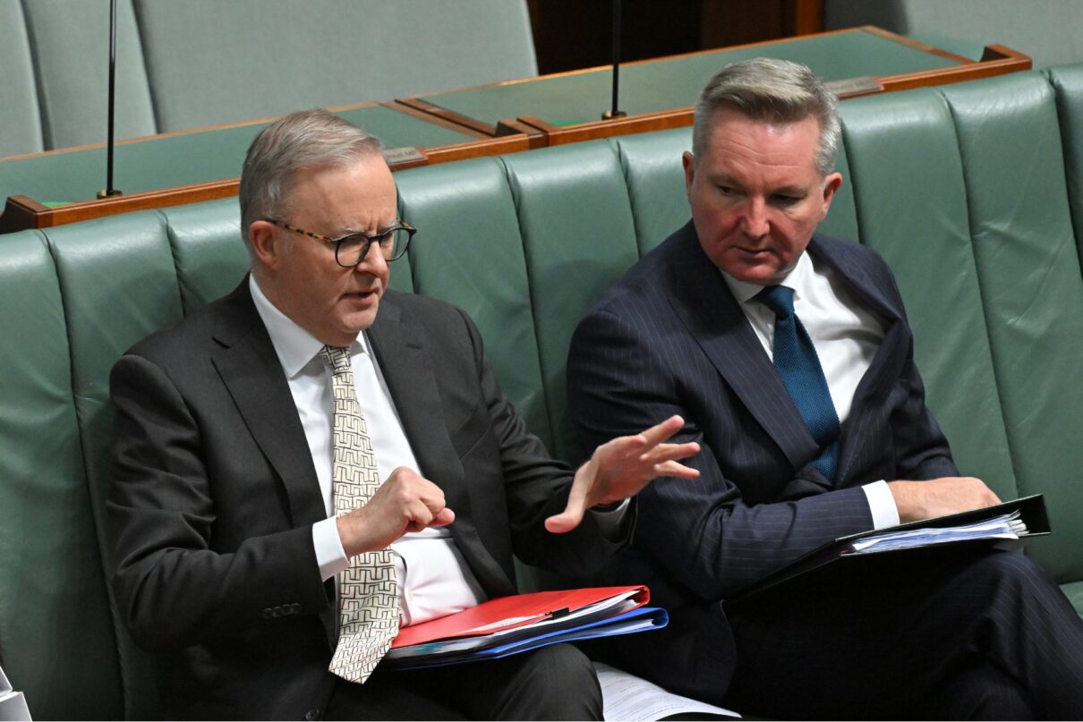 Prime Minister Anthony Albanese and Minister for Climate Change Chris Bowen during a division in the House of Representatives at Parliament House in Canberra, Tuesday, March 26, 2024.
