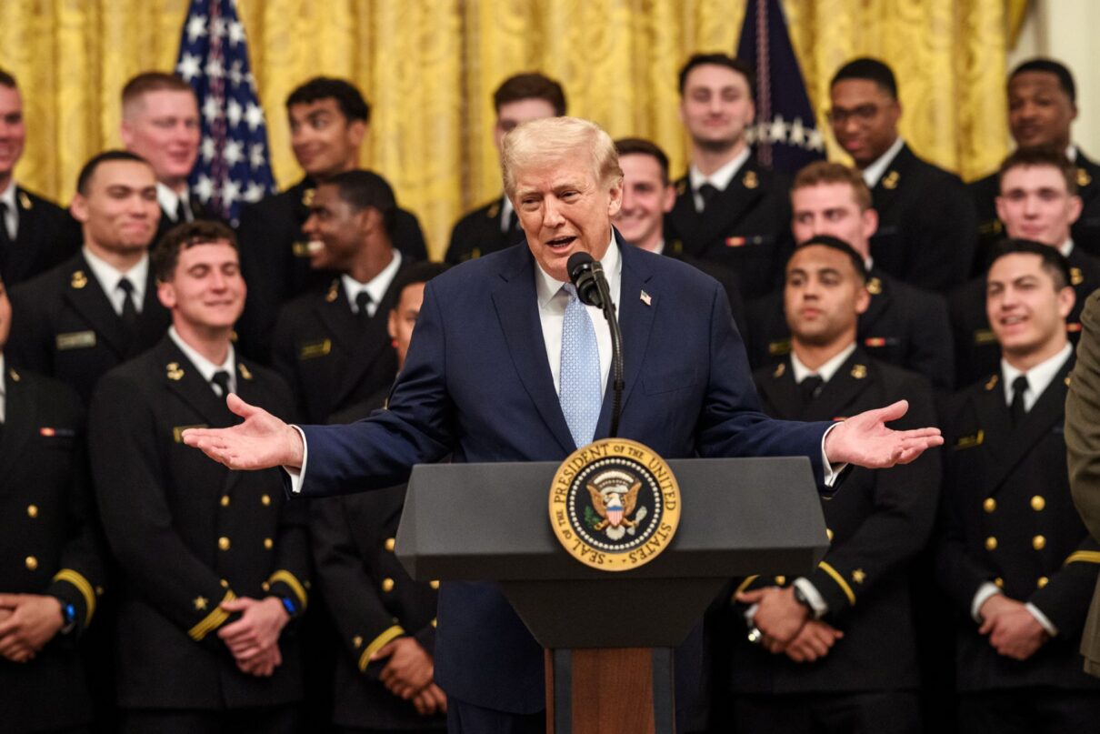 President Donald J. Trump delivers remarks at a Commander in Chief Trophy presentation for the U.S. Naval Academy’s Navy Midshipmen football team, Friday, March 20, 2026, in the East Room of the White House. (Official White House Photo by Joyce N. Boghosian)