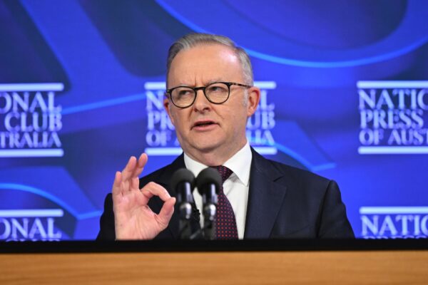 Australian Prime Minister Anthony Albanese delivers an address to National Press Club in Canberra, Thursday, April 2, 2026.