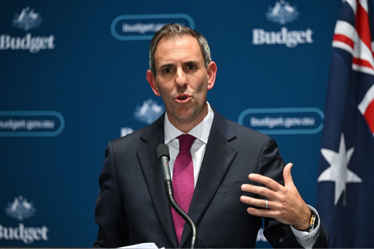Australian Treasurer Jim Chalmers speaks to the media during a press conference inside the 2026 Budget lockup at Parliament House in Canberra, Tuesday, May 12, 2026. Australian Treasurer Jim Chalmers today delivered his fifth budget.