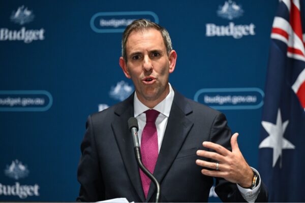 Australian Treasurer Jim Chalmers speaks to the media during a press conference inside the 2026 Budget lockup at Parliament House in Canberra, Tuesday, May 12, 2026. Australian Treasurer Jim Chalmers today delivered his fifth budget.
