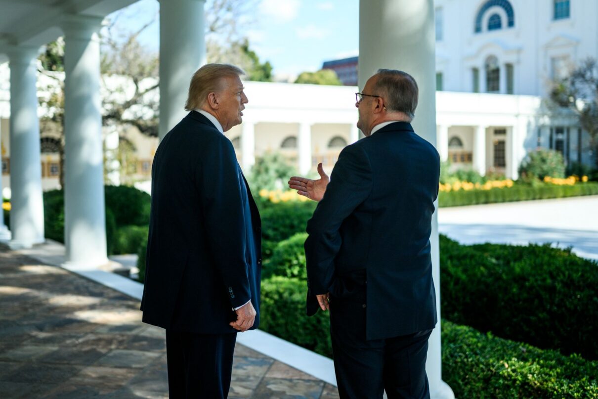 President Donald Trump speaks with Australian Prime Minister Anthony Albanese on the West Colonnade, Monday, October 20, 2025, before a bilateral meeting. (Official White House Photo by Daniel Torok)