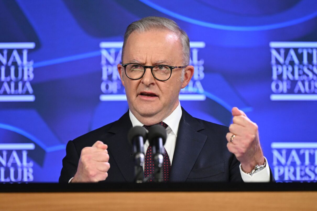 Australian Prime Minister Anthony Albanese delivers an address to National Press Club in Canberra, Thursday, April 2, 2026.