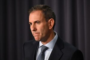 Australian Treasurer Jim Chalmers speaks to the media during a press conference at Parliament House in Canberra, Friday, May 8, 2026.